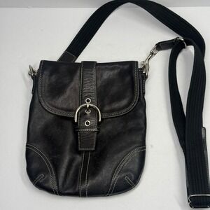 Vintage Coach Black Leather Crossbody Shoulder Bag Buckle Flap Messenger Style
